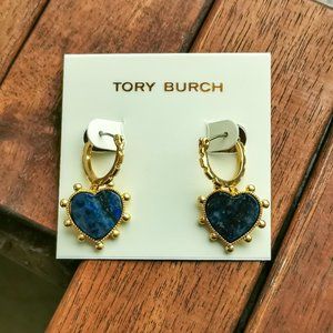 Tory Burch Drop Earrings Semi Precious Heart Gold Lapis